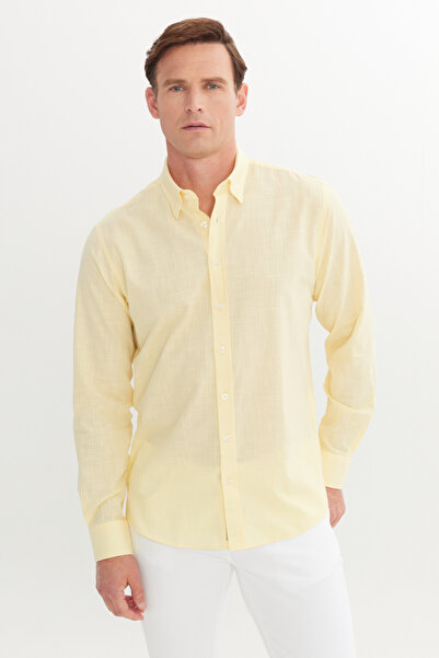 AC&Co / Altınyıldız Classics Erkek Sarı Comfort Fit Rahat Kesim Gizli Düğme Yaka %100 Pamuk Flamlı Gömlek