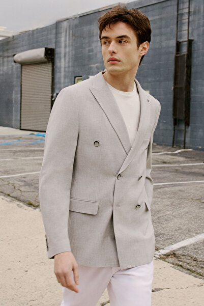 ALTINYILDIZ CLASSICS Men's Gray Slim Fit Slim Fit Swallow Collar Dobby Cover Pocket Double Breasted Jacket