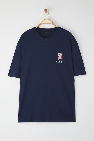 Trendyol Collection Navy Blue Unisex Regular Fit Teddy Bear Printed 100% Cotton T-Shirt Tmnss25Ts00161