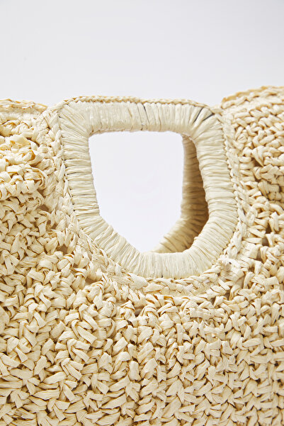 TRENDYOL SHOES Beige Wicker Hand Knitted Women's Medium Size Oval Handbag Takss25Oc00062