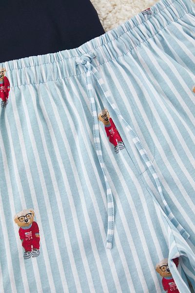 Trendyol Collection Σετ πιτζάμες με πλεκτό σορτς με στάμπα μπλε κανονική εφαρμογή TMNSS24PT00034