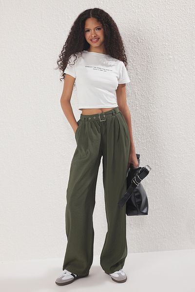 Trendyol Collection Khaki Modal Bad Belt Brocated Wide Leg New 25212 Trousers