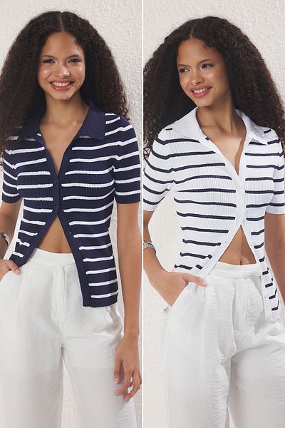 Trendyol Collection Navy Blue-Ecru Double Pack Knitwear Cardigan Twoss25Hi00015