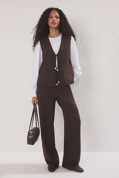 Trendyol Modest Brown Linen Look Woven Bottom-Top Set Tctss25Us00039