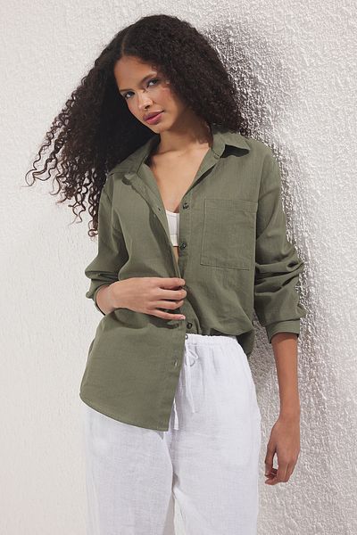 Trendyol Collection Khaki Cotton Blended Linen Look Oversize Wide Fit Woven Shirt Twoss25Go00096