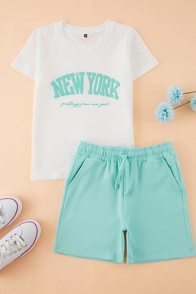 TRENDYOLKIDS Mint női gyermek 100% pamut szlogen nyomtatott rövid ujjú TKDSS25AU00146 szett