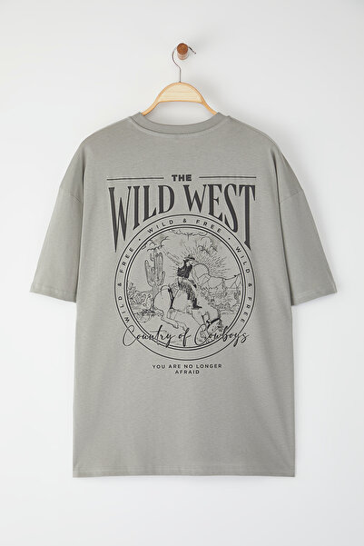 Trendyol Collection Gray Oversize Cotton Back Printed T-Shirt Tmnss24Ts00003
