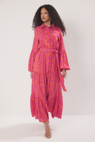 Trendyol Modest Ροζ φλοράλ υφαντό φόρεμα βισκόζης TCTSS25EB00127