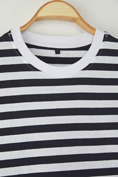 Trendyol Collection Grey-Blue-Navy Blue Striped Oversize/Wide Cut 3 Pack 100% T-Shirt Tmnss24Ts00026