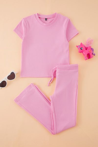 TRENDYOLKIDS Rózsaszín lányok 100% pamut flare lábú, rövid ujjú ruha TKDSS25AU00136