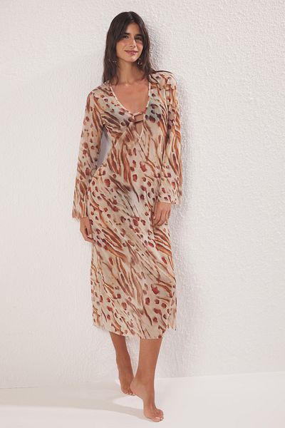 Trendyol Collection Leopard Pattern Oversize Maxi Woven Beach Dress Tbess25El00116