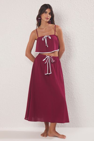 Trendyol Collection Burgundy Woven Flared Cotton Lacing Detailed Beach Blouse Skirt Suit Tbess25Au00076
