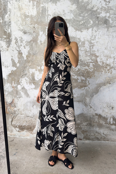 Trendyol Collection Schwarzer Blumenrock mit Gimpel-Midi-Webkleid mit Taillen...