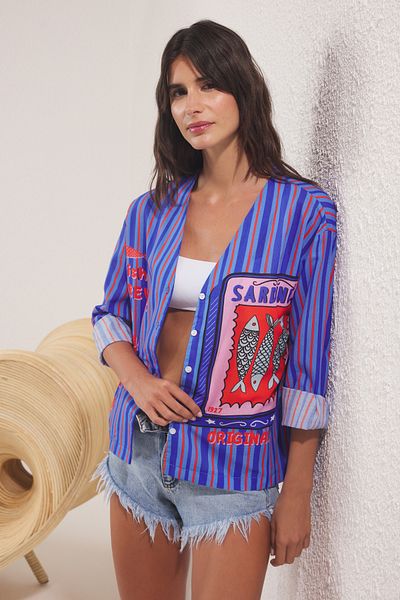 Trendyol Collection Koszula plażowa z wzorem ryb i pasków, tkana w 100% z bawełny TBESS25GO00018