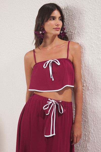 Trendyol Collection Burgundy Woven Flared Cotton Lacing Detailed Beach Blouse Skirt Suit Tbess25Au00076