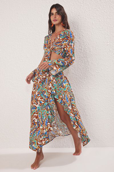 Trendyol Collection Shawl Patterned Woven Binding Detailed Flounced Deep Slit Beach Blouse Skirt Suit Tbess25Au00090