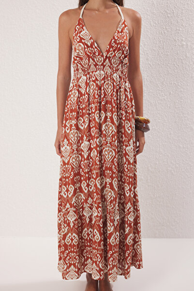 Trendyol Collection Ethnic Pattern Woven Backless Maxi Beach Dress Tbess25El00109