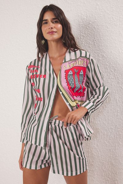 Trendyol Collection Fish Print 100% Cotton Beach Blouse and Shorts Set