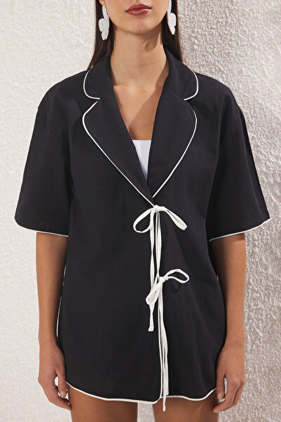 Trendyol Collection Black Woven Piped 100% Cotton Maxi Beach Shirt Tbess25Go00025