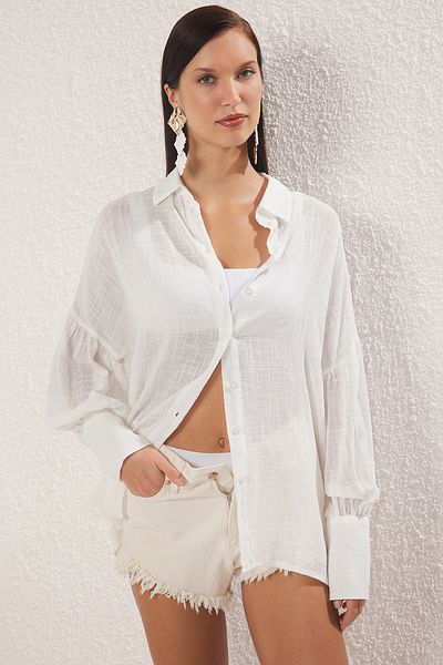 Trendyol Collection Ecru gewebtes Strandhemd mit Ballonärmeln TBESS25GO00020