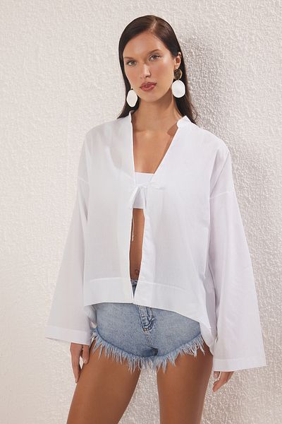 Trendyol Collection Koszula plażowa w kolorze ecru, tkana w 100% z bawełny TBESS25GO00026