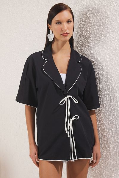Trendyol Collection Cămașă de plajă din bumbac 100% cu șireturi țesute negre TBESS25GO00025