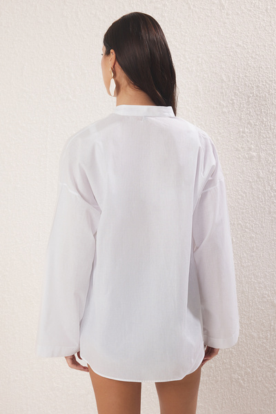 Trendyol Collection Ecru Woven Tie Detail 100% Cotton Maxi Beach Shirt Tbess25Go00026