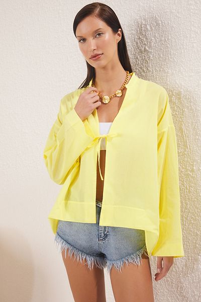 Trendyol Collection Żółta tkana 100% bawełniana koszula plażowa TBESS25GO00026