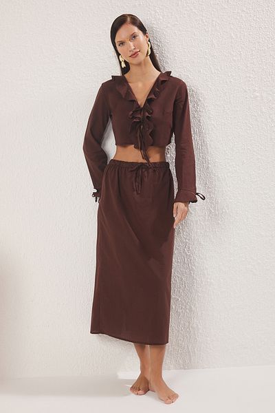 Trendyol Collection Brown Woven Frilly Binding Detailed Beach Blouse Skirt Suit Tbess25Au00079