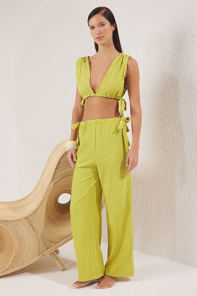 Trendyol Collection Oil Green Woven Binding Detailed Deep V-Neck Beach Blouse Pants Suit Tbess25Au00088