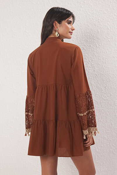 Trendyol Collection Dark Brown Woven 100% Cotton Lace Mini Beach Dress Tbess20El0862