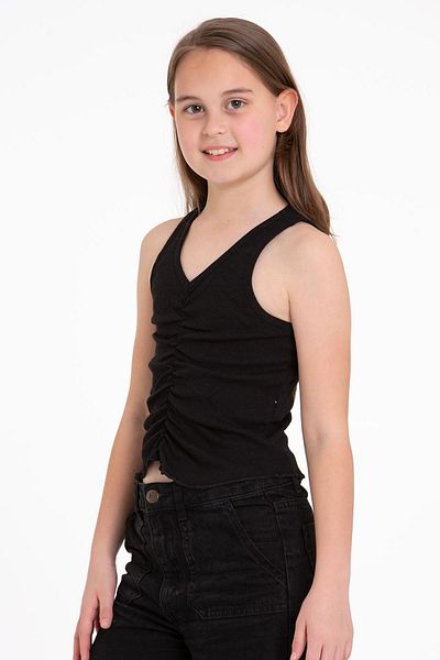 zepkids Zero Sleeve V-Neck Gathered Black Color Girl's Tshirt