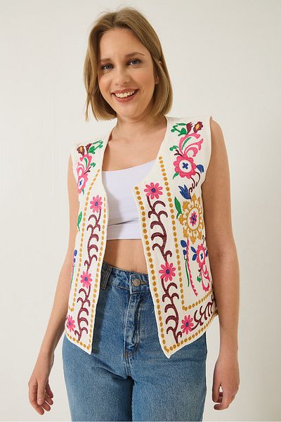Bianco Lucci Women's Ethnic Embroidery Detailed Linen Vest 314 60283217