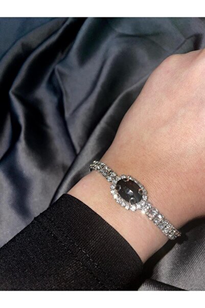 Avcıoğlu Aksesuar اسوارة نسائية حجر واحد بيضاوي موديل زركون كريستال حجر اسوارة مطلية بالفضة