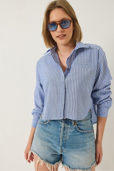 Bianco Lucci Damen Slim Gestreiftes Baumwoll-Crop-Shirt 2039 60283204