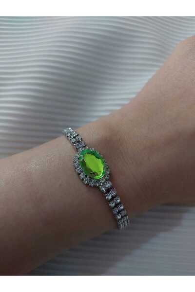 Avcıoğlu Aksesuar اسوارة نسائية حجر واحد بيضاوي موديل زركون كريستال حجر اسوارة مطلية بالفضة