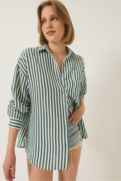 Bianco Lucci Koszula damska w paski, oversize, z jedną kieszenią, tkana, 2069 60283203