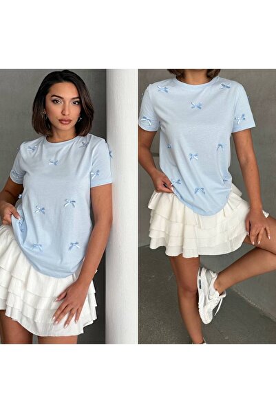 VESS MODA Γυναικείο μπλουζάκι με κεντητό φιόγκο