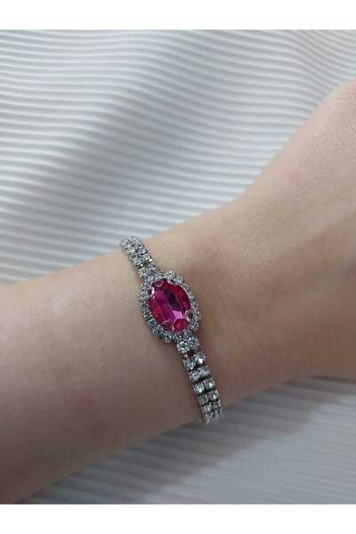 Avcıoğlu Aksesuar اسوارة نسائية حجر واحد بيضاوي موديل زركون كريستال حجر اسوارة مطلية بالفضة