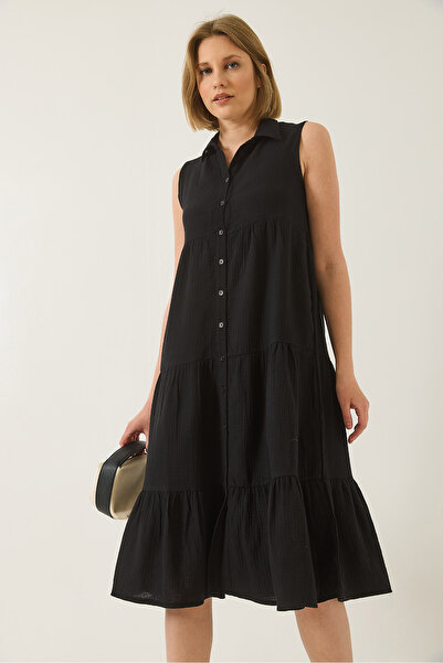 Bianco Lucci Dámský košilový límec s knoflíky z mušelínu Volné mušelínové šaty 70320 60283221