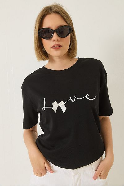 Bianco Lucci Women's Love Printed Ribbon Detailed Regular Fit Cotton T-Shirt 60283208