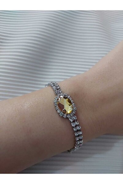 Avcıoğlu Aksesuar اسوارة نسائية حجر واحد بيضاوي موديل زركون كريستال حجر اسوارة مطلية بالفضة