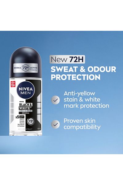 NIVEA مزيل عرق رول أون غير مرئي للرجال باللونين الأسود والأبيض، أصلي، حماية فعالة تدوم 72 ساعة