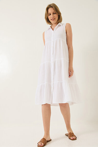 Bianco Lucci Γυναικείο πουκάμισο με γιακά με κουμπιά μουσελίνα φαρδύ φόρεμα μουσελίνας 70320 60283221