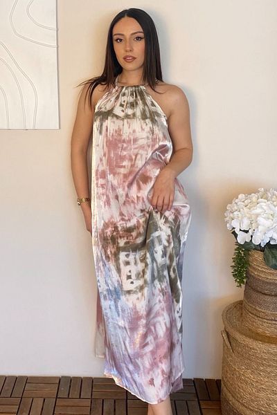 Ded COLLECTION Γυναικείο Λαιμόκοψη Λεπτομερές Σατέν Μακρύ Κρεμ Φόρεμα