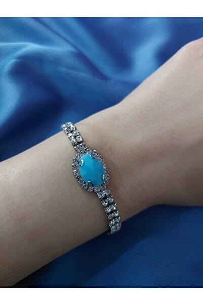 Avcıoğlu Aksesuar اسوارة نسائية حجر واحد بيضاوي موديل زركون كريستال حجر اسوارة مطلية بالفضة