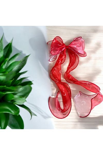 ALS Tasarım Dünyası Women's Red Color Moon Star Patterned Long Tail Model Light Shiny Fabric Clip Hair Clip