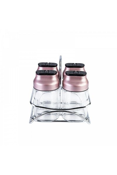 Karaca Dimple Glass Spice Rack and Stand, 4 Piece, 120ml, Rose Gold