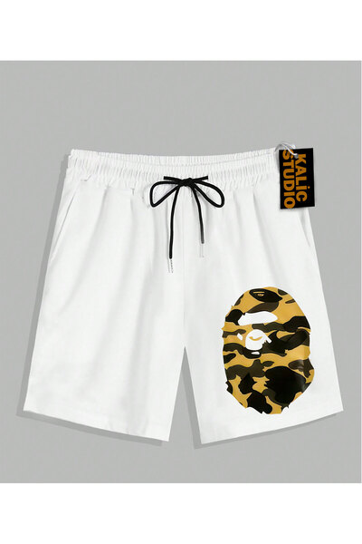 Kalic Studio Unisex Mr. Bape Patterned White Summer Shorts