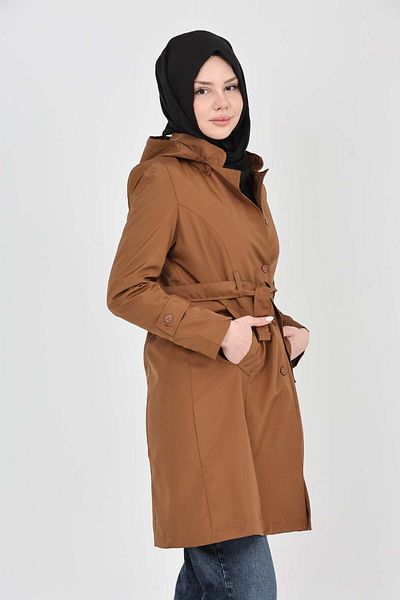 S&V TEKSTİL Women's Brown New Trend Hijab Trench Coat
